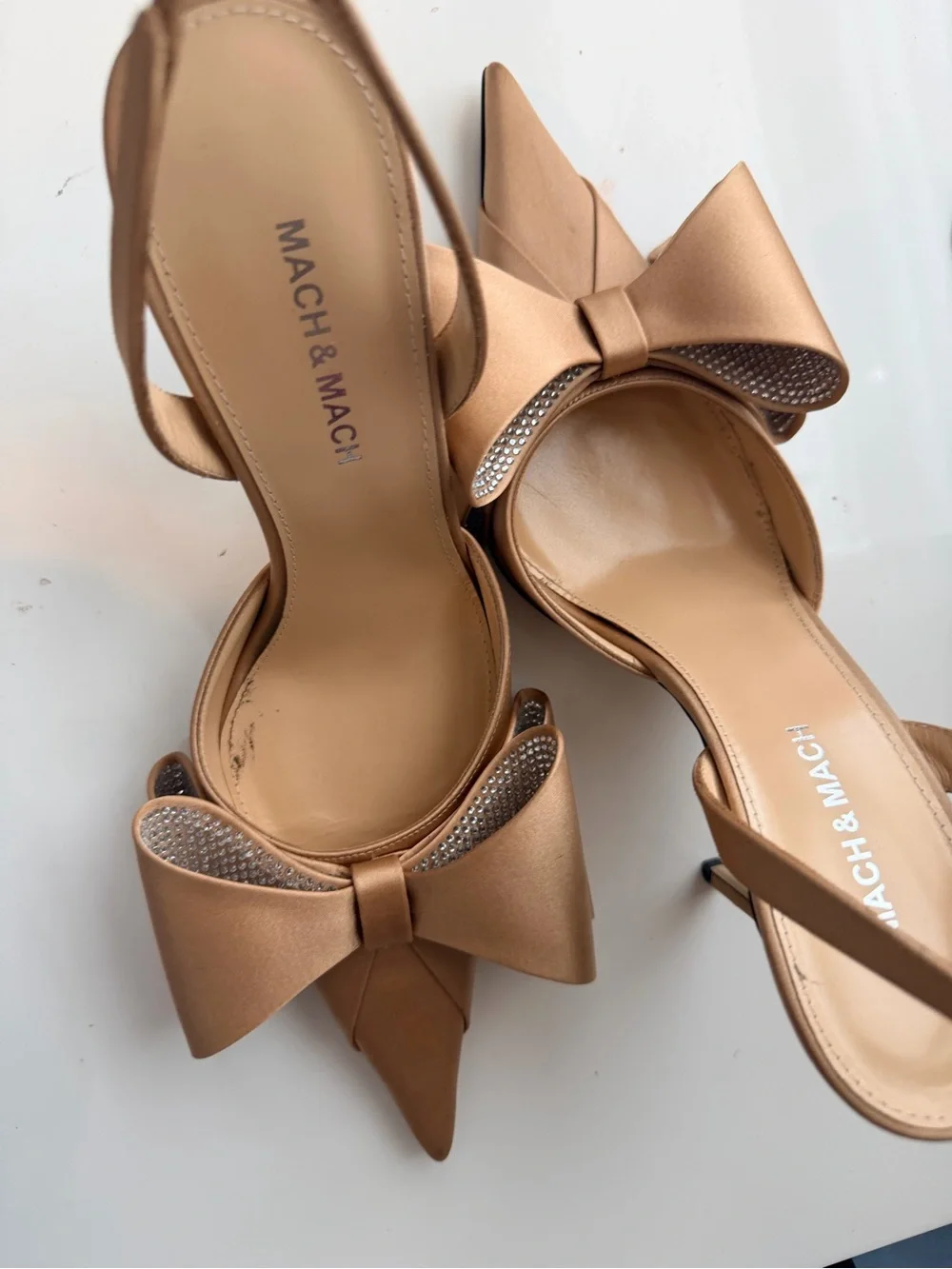 MACH & MACH Metallic Champagne Bow Pointed Slingback Heels